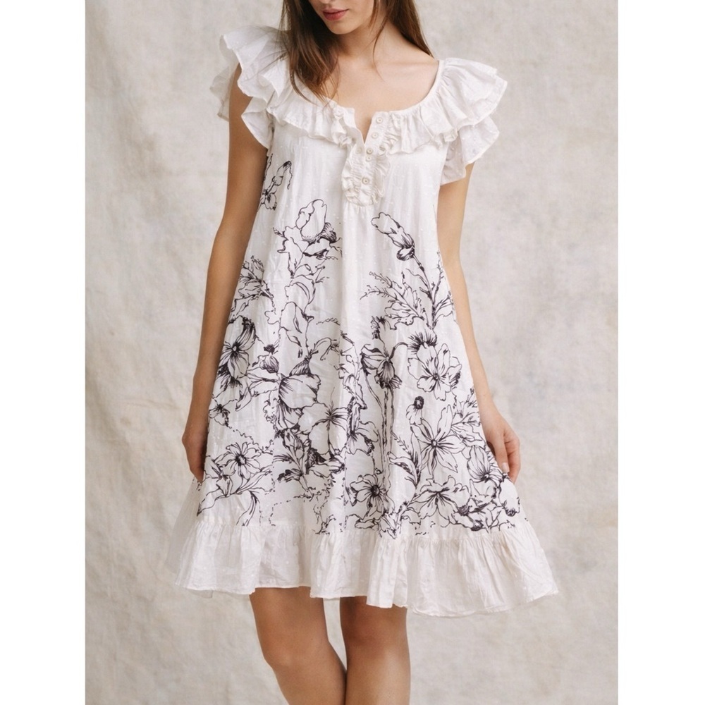 Vintage Kimchi Blue 00s Y2K Ruffle Swiss‎ Dot Floral Babydoll Dress White Brown